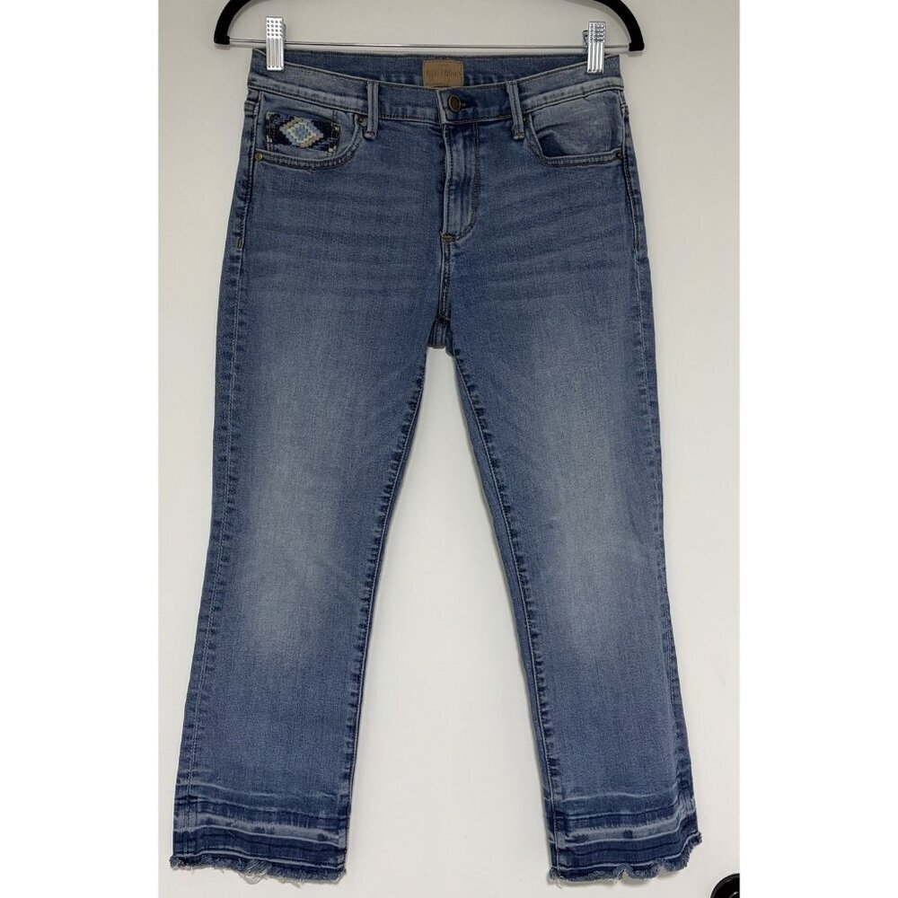 DRIFTWOOD Colette Embroidered Cropped Raw Hem Mid Rise Straight Leg Jeans Sz 28
